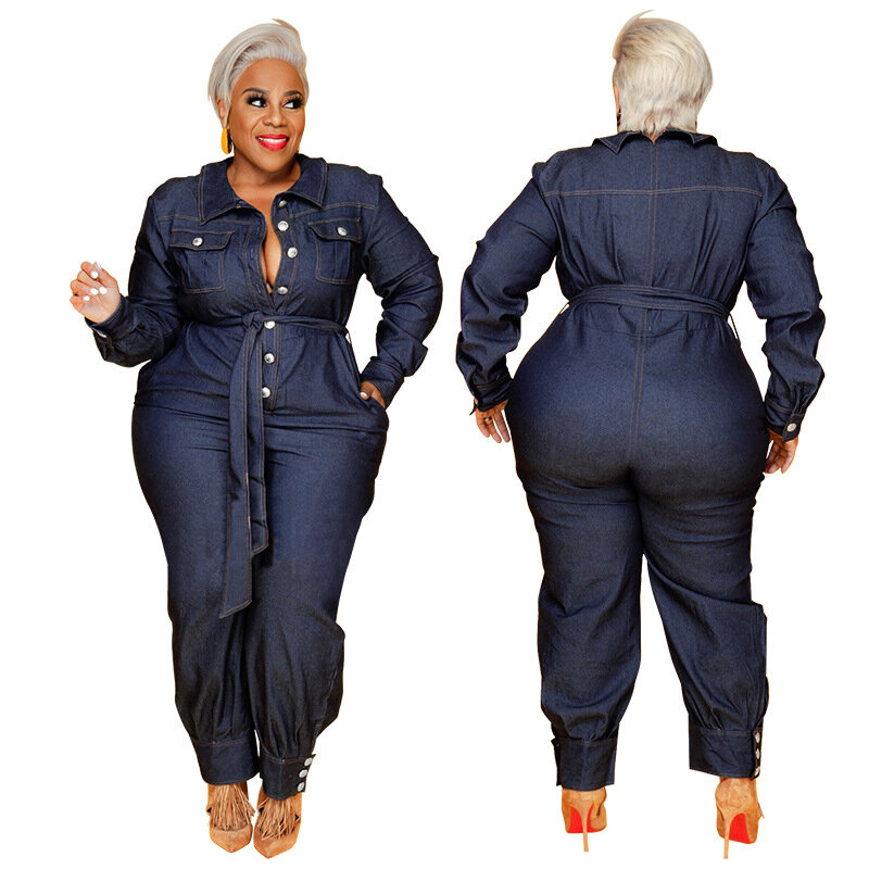 Macacão jeans feminino com cinto, roupa de peça única feminina, calça lápis casual, elegante monocromática, tamanho grande, 2023, inverno