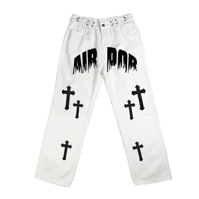 Estilo americano lavado calças de brim dos homens na moda calças retas branco solto calças casuais rua skate hiphop calças neutras