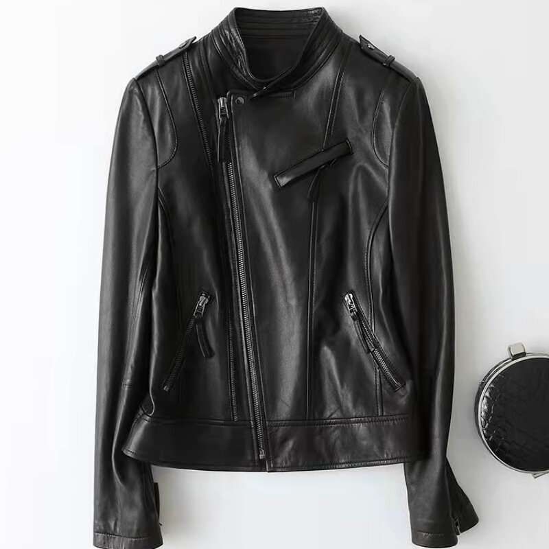 Jaqueta de couro genuíno para mulheres, jaqueta de pele de carneiro, jaqueta curta de motocicleta, verde, nova primavera, 2022