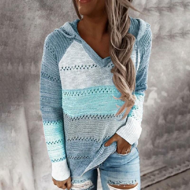 Lady Top Colorblock Striped Patchwork Hoodie Cozy Knitted Women's Fall/winter Sweater with Drawstring Elastic V Neck Loose Fit