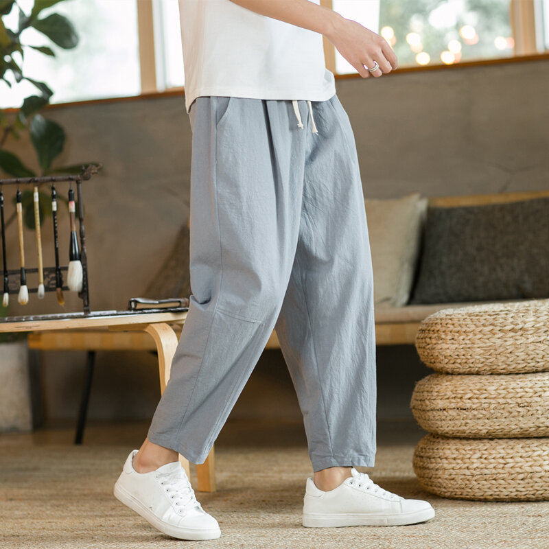 2023 Summer Men's Trousers Cotton Linen Fashion Casual Pants Solid Color Breathable Loose Shorts Straight Pants Streetwear M-5XL