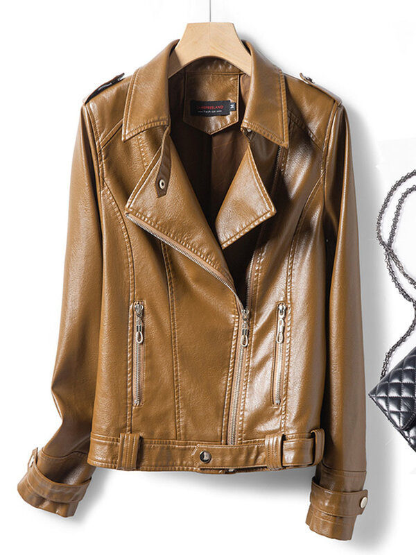 여성용 빈티지 다크 브라운 진짜 가죽 코트, 지퍼 라펠 칼라, 여성용 슬림 재킷, 가을 겨울 양가죽 재킷, 2023 신상 패션