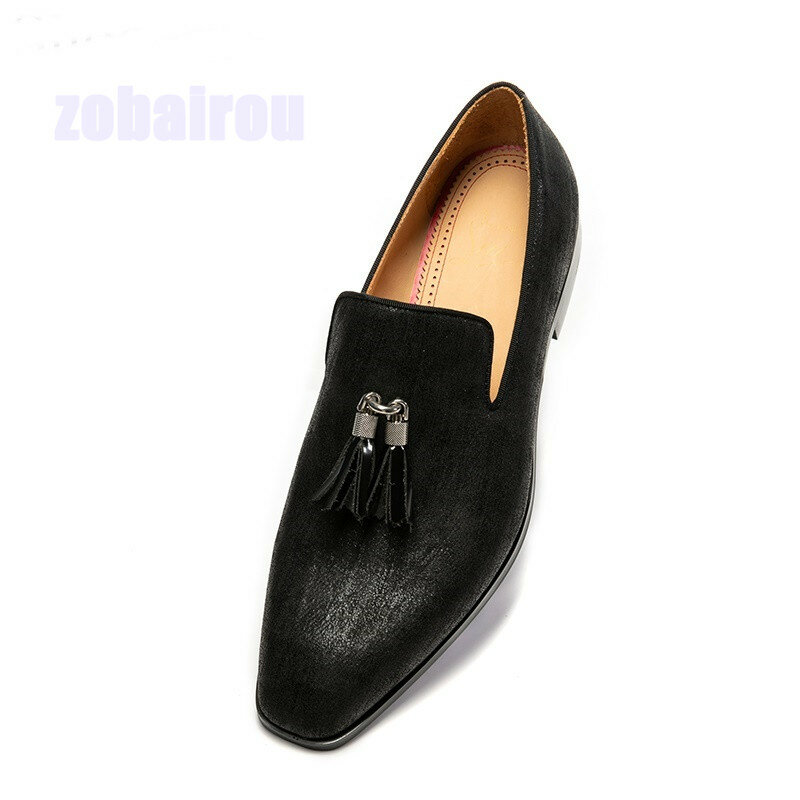 High Quality Tassel Dress Shoes Black Slip On Flat Loafers Men Wedding Party Business Casual Shoes Free Shipping Size 38-48