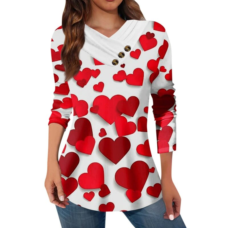 Women's Top Casual Button Collar Long Sleeve Shirt Valentine'S Day Print Fashion-Forward Matching Shirt High-Quality Shirt