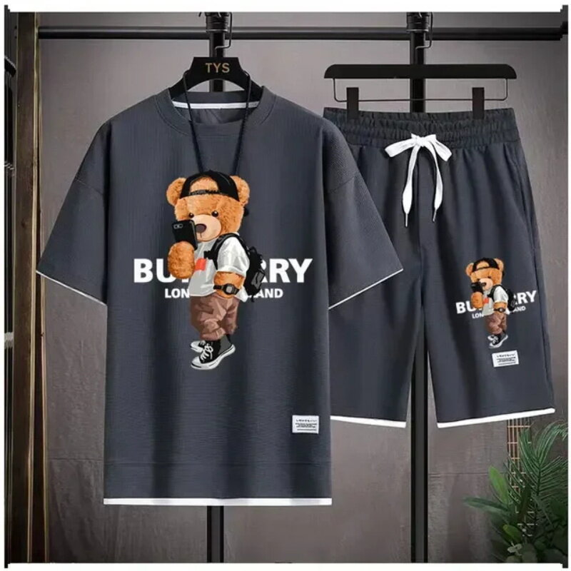 Hip-hopowa letnia odzież uliczna kot graficzny luksusowe krótkie zestawy męskie markowe ubrania ponadgabarytowa koszulka unisex szorty markowy strój plażowy