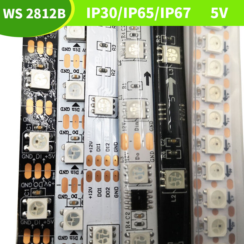 5V WS2812B Lampu Strip Led Dapat Dialamatkan Secara Individu WS2812 Smart RGB Led Strip Piksel Hitam/Putih PCB Tahan Air IP30/65/67 1-5M