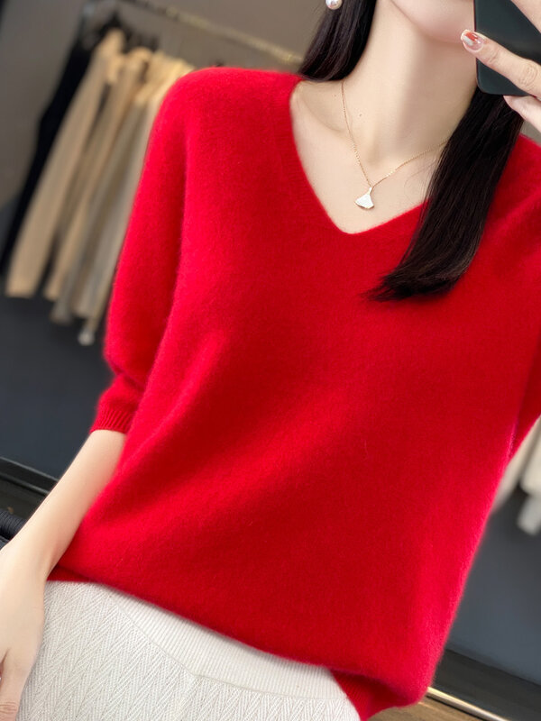 Aliselect-suéteres de punto de manga corta para mujer, jersey de Cachemira de lana merina pura, Top con cuello en V, ropa 100%