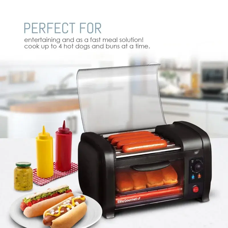 Elite-EHD-051B Gourmet, nuevo horno tostador y rodillo para perritos calientes, color negro