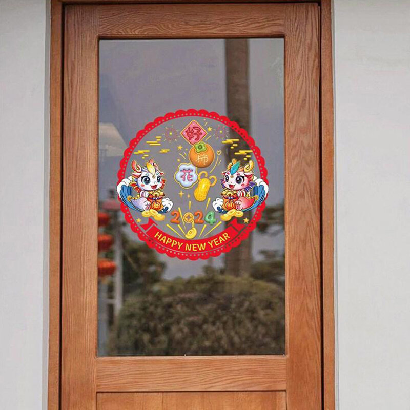 Stiker jendela Tahun Baru China, stiker Decal Festival Musim Semi dekorasi Tahun Naga statis yang dapat dilepas karakter Fu 10 buah