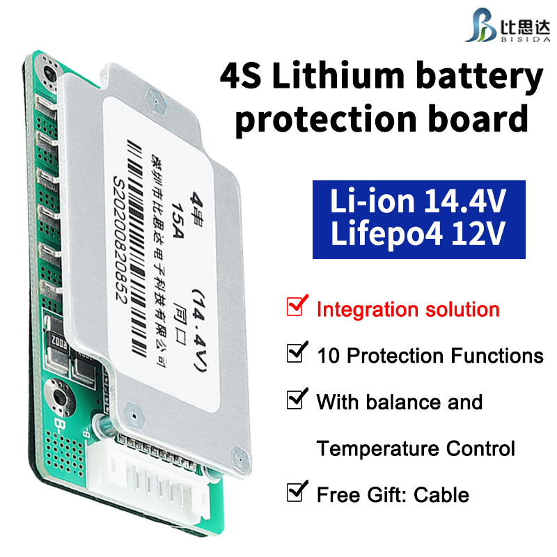 Bisida 4s Li-ion/Lifepo4 14.4V/12V Common Port Protection Board with Balance Wire and NTC, Split Ports for Lifepo4 Battery Pack