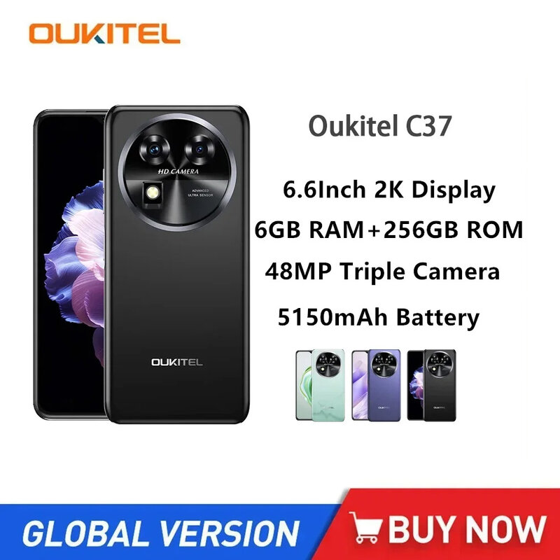 OUKITEL-C37 Smartphone ultra-fino, telefone móvel 4G, 6, 6 Polegada FHD + Octa Core, 6GB + 256GB, andróide 13, 5150mAh, câmera de 48MP, versão global