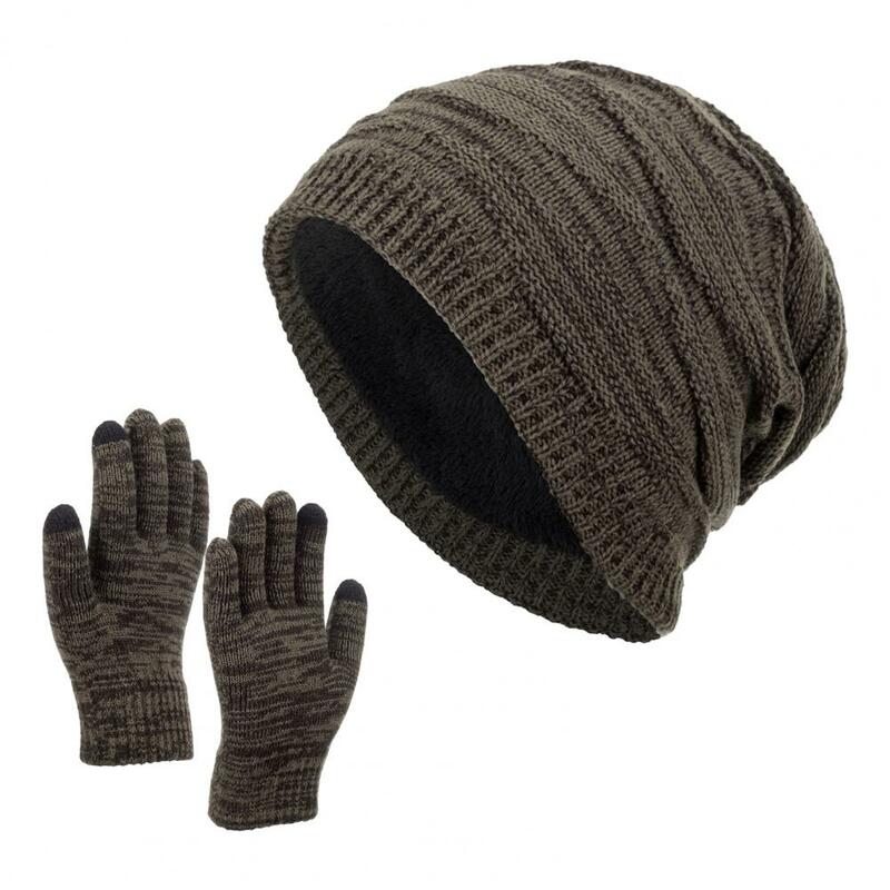 2ชิ้น/เซ็ตหมวกถักนิตติ้งสำหรับผู้ชายและผู้หญิงชุดถุงมือทัชสกรีนผ้าหนาเนื้อหนายืดหยุ่นได้สำหรับฤดูหนาว