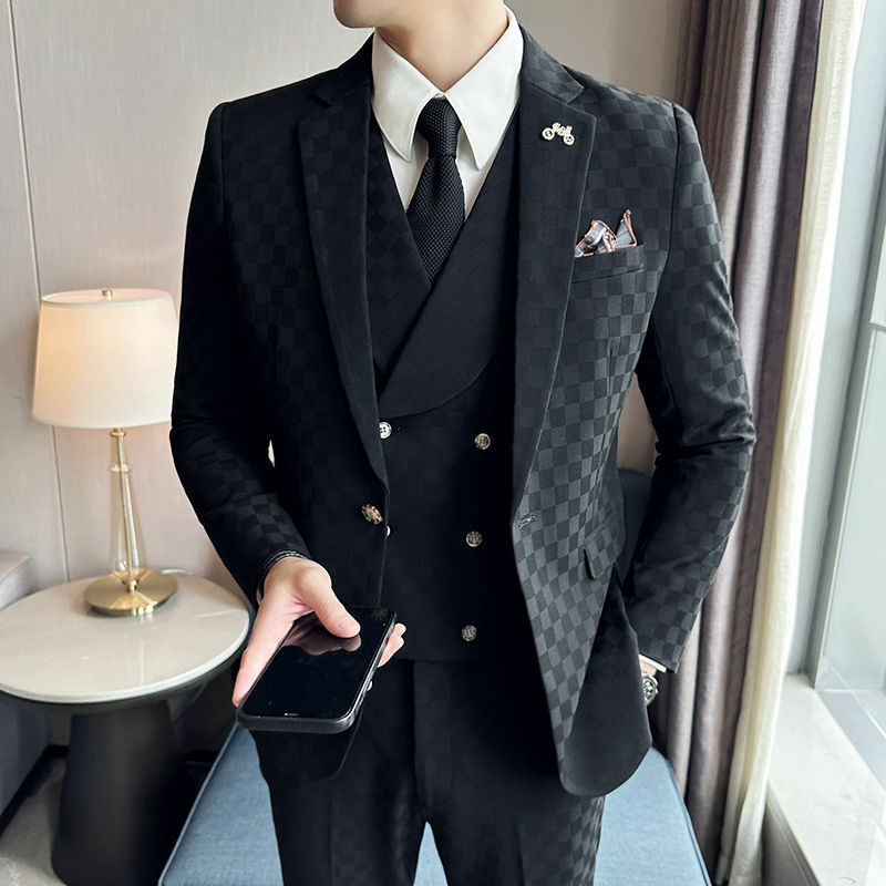 2-A16 Suit suit men's three-piece slim coat plaid small suit professional formal groom handsome wedding dress trendy