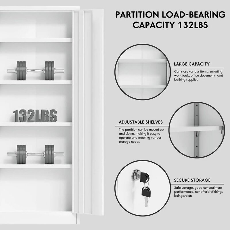 Bloqueável Metal Storage Cabinet, File Tool Cabinet com 2 Portas e 4 Prateleiras ajustáveis, Escritório, Casa, Garagem, 71"