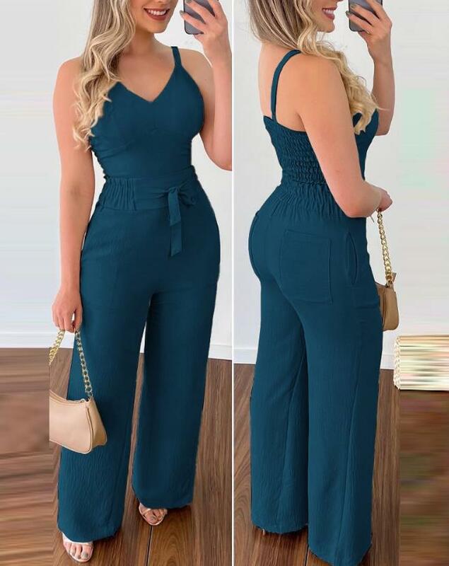2023 Summer Woman Long Jumpsuits Elegant Sexy V-Neck Shirred Cami Top & High Waist Pants Set New Fashion Casual One Pieces