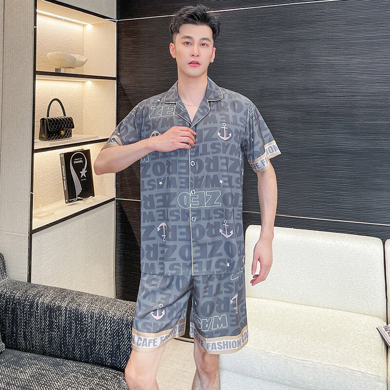 남성용 얇은 아이스 실크 반팔 잠옷, 세트 플러스 사이즈 캐주얼 가정 의류, 2024 여름 신상