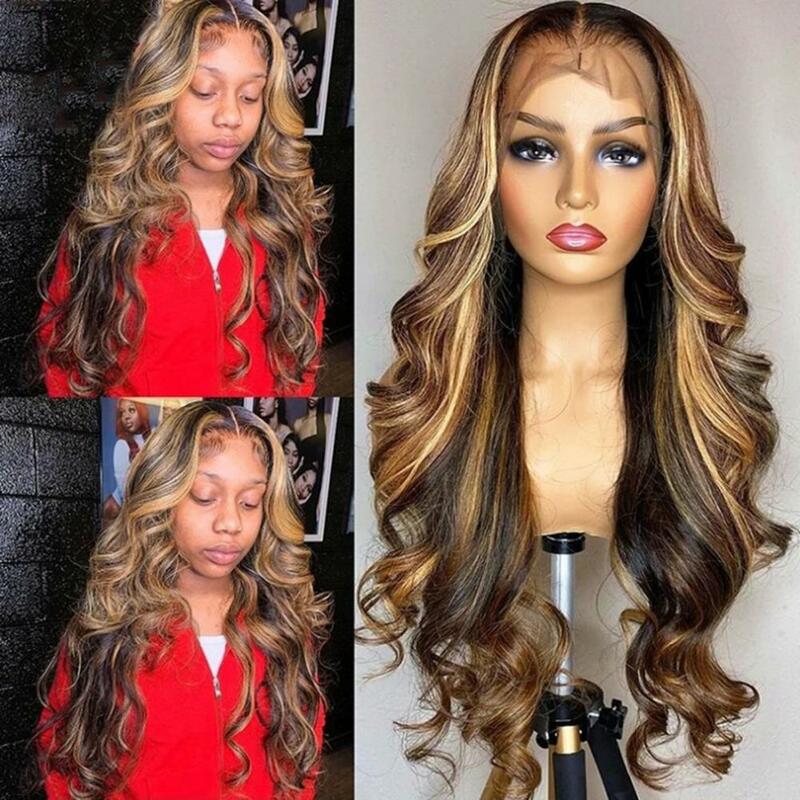 18-30 Inch Women Long Curly Wig Middle Part Natural Looking Silky Heat Fiber Ladies Gradient Color Front Lace Synthetic Hair