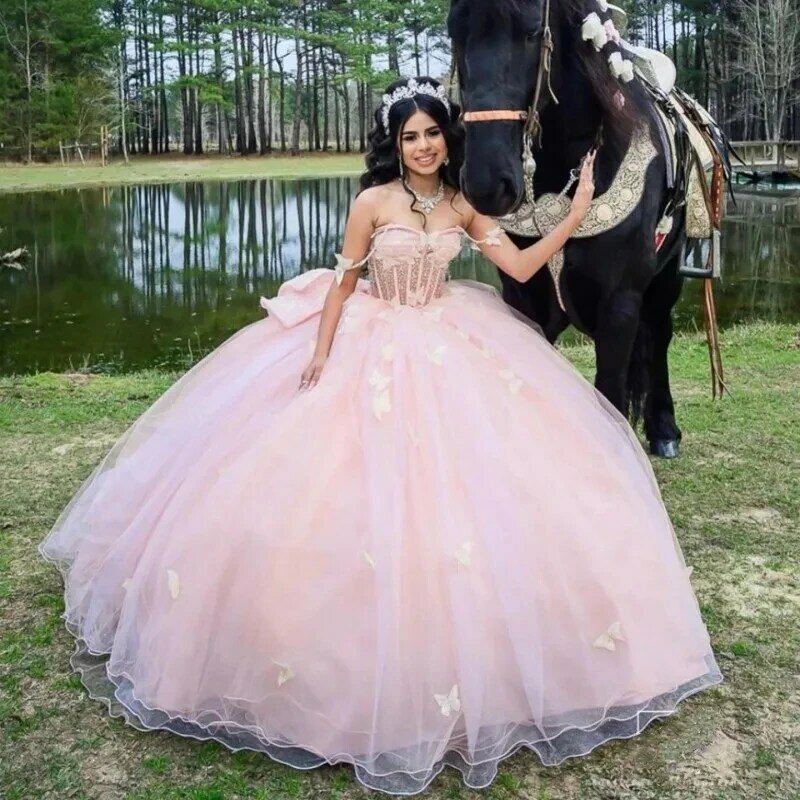 핑크 공주 퀸시네라 드레스, 볼 가운, 오프 숄더, 얇은 명주 그물 아플리케, 달콤한 16 개 드레스, 15 개 아뇨스 멕시코