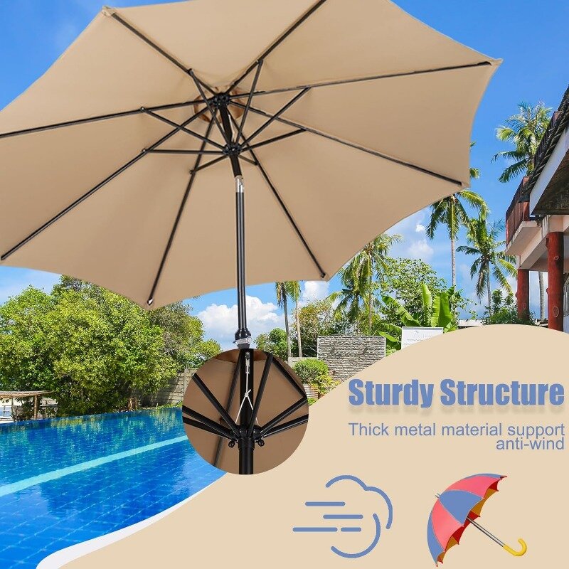 Parapluie avec bouton-poussoir inclinable et manivelle, protection UV, étanche, extérieur, cour, table de marché, 9 pieds