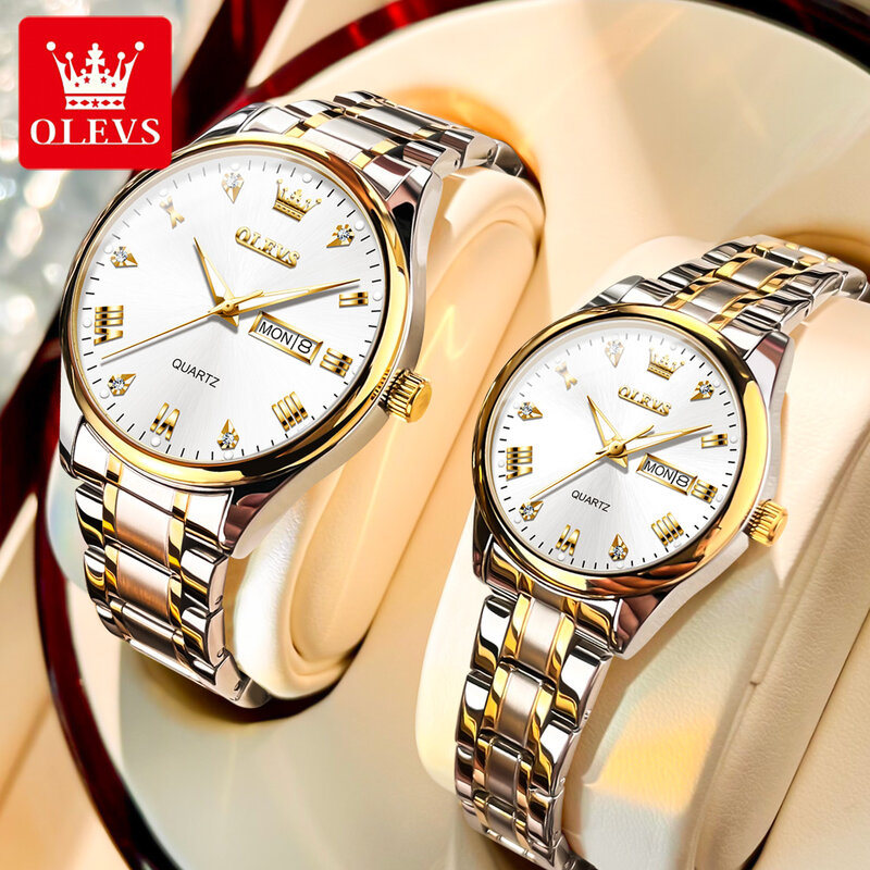 OLEVS topowy zestaw zegarków męskich kobiet luksusowy złoty kwarcowy zegarek na rękę z zegarem wodoodporna stal nierdzewna męskie damskie zegarki