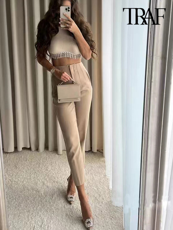 TRAF Women Fashion With Pockets Casual Basic Solid Pants Vintage High Waist Zipper Fly Female Ankle Trousers Pantalones Mujer
