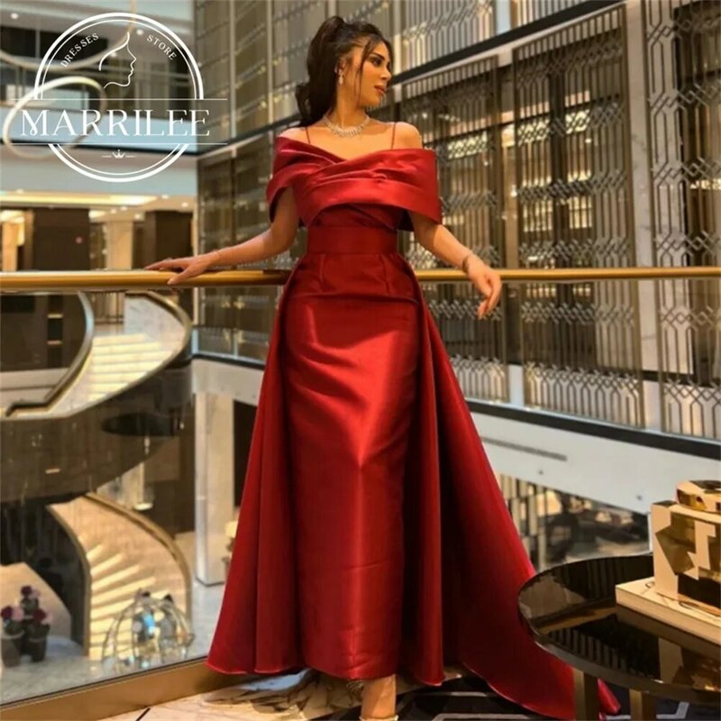 Marrilee-セクシーな赤いスパゲッティストラップオフショルダーマーメイドのスカート、エレガントなボートネックのノースリーブ、床の長さのイブニングドレス