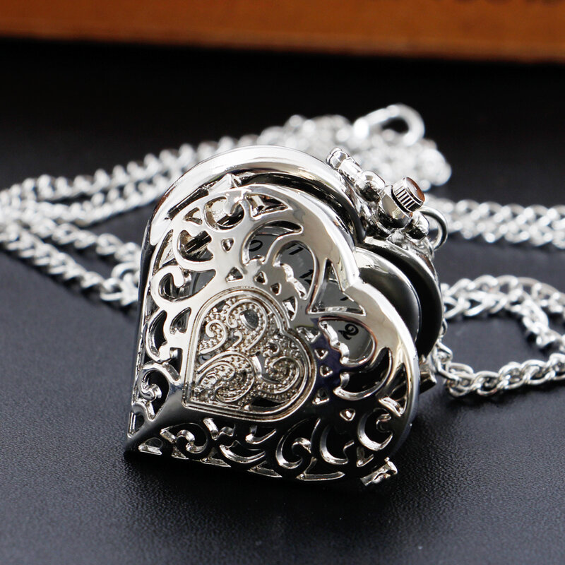 Silver Hollow Heart-shaped Pocket Watch Necklace Exquisite Quartz Pendant Chain Clock Women Girl Friend Lover's Gift