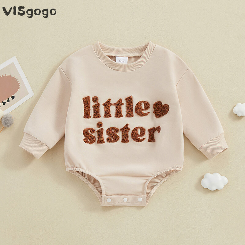 VISgogo Newborn Baby Girls Boys Sweatshirts Rompers Infant Clothes Letter Fuzzy Embroidered Crew Neck Long Sleeve Bodysuits