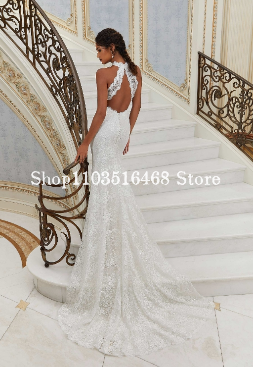 2024 빈티지 웨딩 드레스, 우아한 하이 넥 민소매 화이트 레이스 자수 베일, 인어 신부 가운