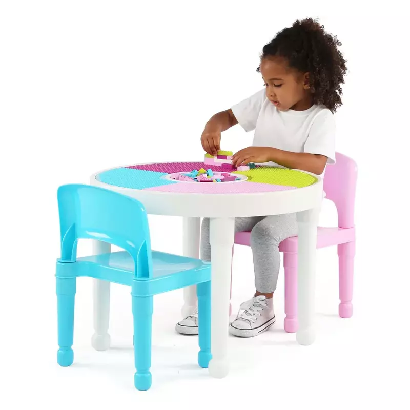 Tavolo da attività in plastica 2 in 1 per bambini e Set di 2 sedie, rotondo, bianco, blu e rosa