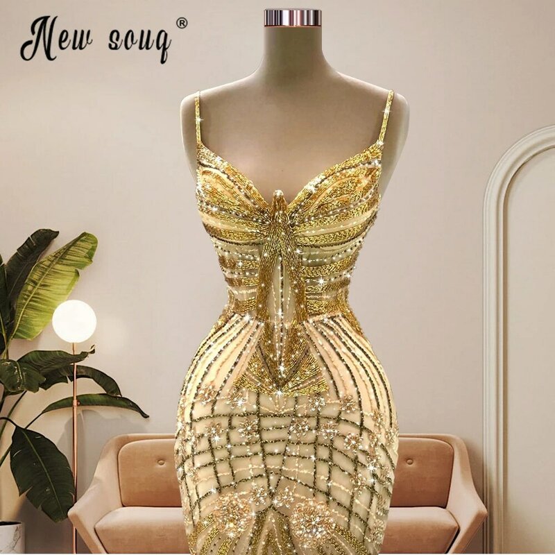 Bling Gold Spaghetti Strap Kristalle Perlen Abendkleid Schatz Diamant Bodenlangen Prom Kleider Duabi Formale Kleider