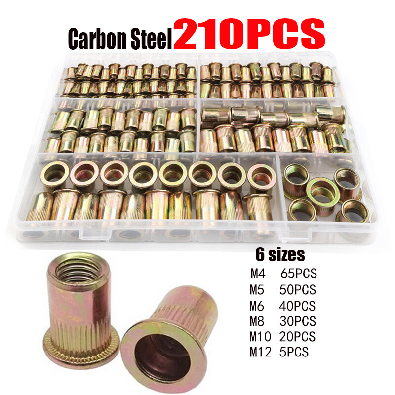 210/165/100PCS Box Rivet Nuts Carbon Steel M4 M5 M6 M8 M10 M12 Flat Head Rivet Nuts Set Hardware Multi Sizes Insert Rivet Nuts