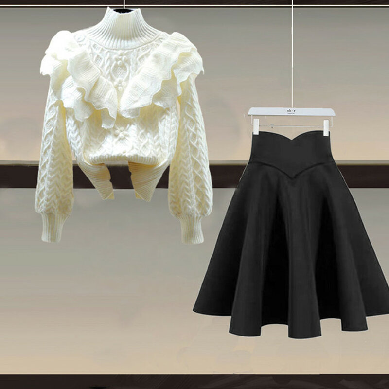 Oversized Women's Autumn and Winter Set 2023 New Fashion Slim Ruffle Edge Knitwear Temperament Skirt Two Piece Set