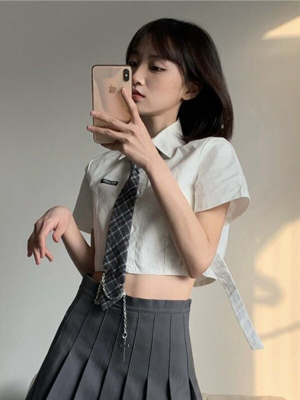 Zoki Jk Tie Sexy Cropped Shirt donna Design stile Preppy camicetta carina giappone Casual manica corta moda lettera femminile Kawaii top