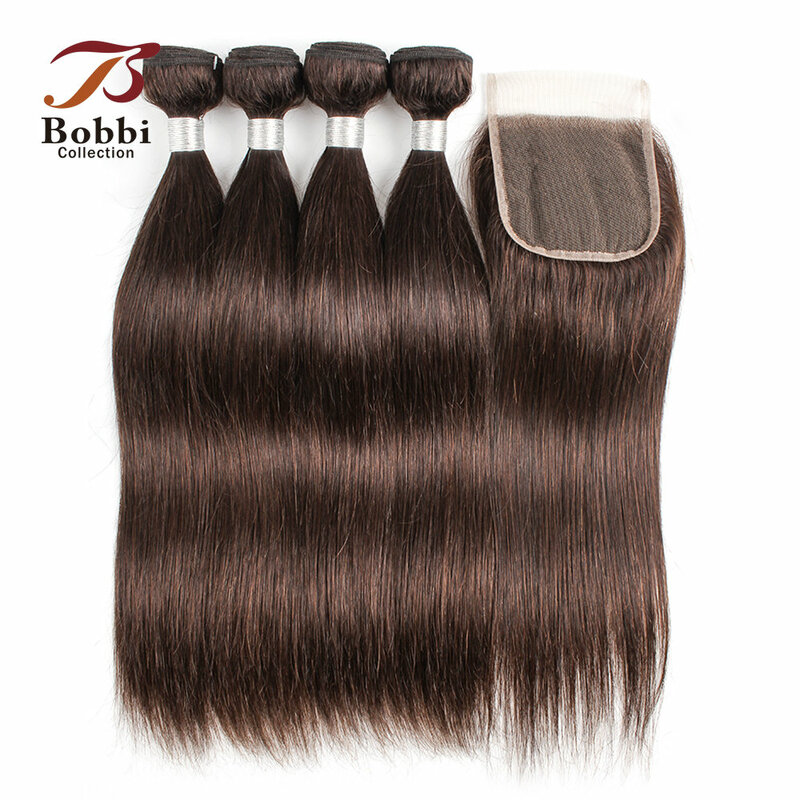 BOBBI COLLECTION-mechones de pelo liso marrón oscuro, 2/3 mechones con cierre de encaje 4x4, tejido de cabello humano Remy, 12-24 pulgadas