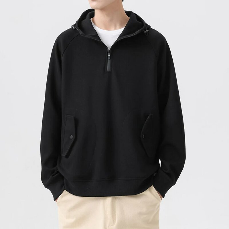 \ \ Pakaian hoodie pria, atasan pullover olahraga kasual saku lengan panjang campuran katun