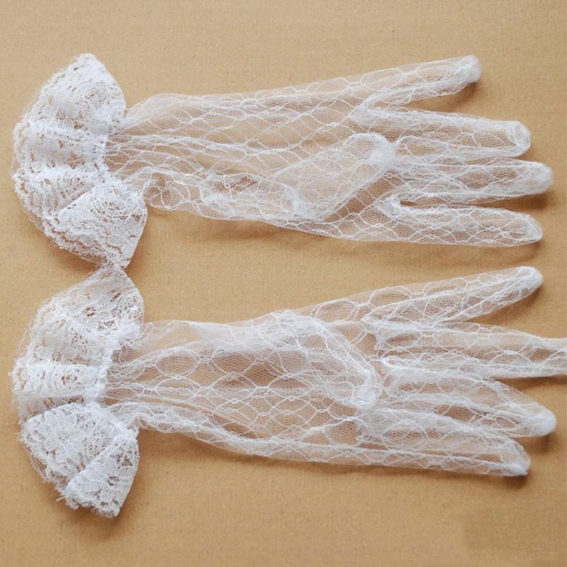 652F White Bridal Wedding Short Gloves Full Fingered Transparent Gauze Ruffle Lace Trim Wrist Length Party Mittens