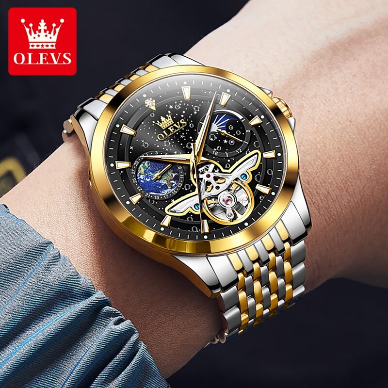 OLEVS Men Watch Moon Phase Waterproof Stainless Steel Strap Fully Automatic Mechanical Watch Calendar Starry Sky Dial Luminous