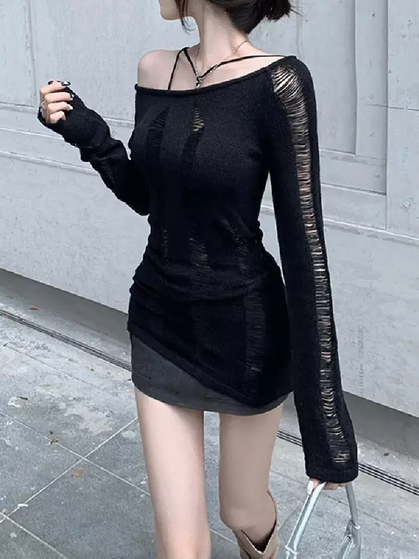 Kobiety ciemna gotycka dziura swetry z dzianiny czarna gotycka dama wydrążona fajny sweter sweter jesienna seksowna swetry z bufkami
