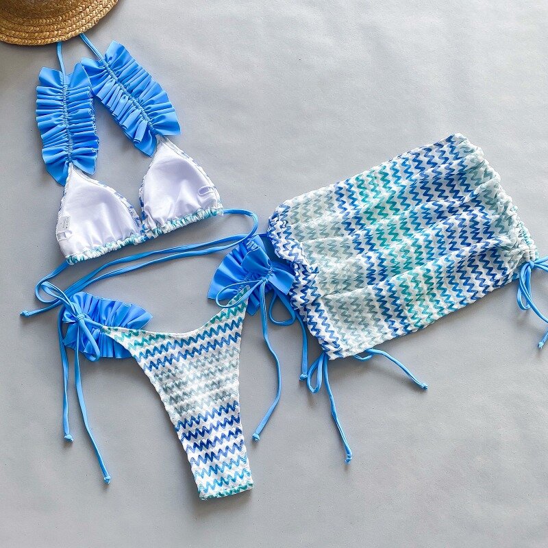 2024 Summer Women Sexy Striped Ruffles Lace Up Swimsuits 3-częściowy zestaw usztywniany biustonosz + majtki + sznurkiem Mini spódniczki na wakacje