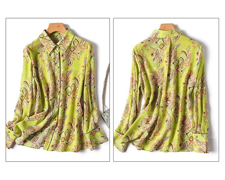 Camisa estampada de cetim feminina, blusas florais vintage, roupas femininas, moda solta, mangas compridas, tops com gola polo, primavera, verão