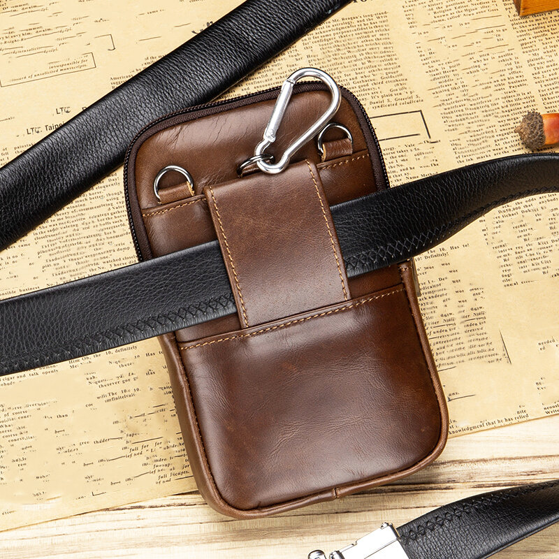 Genuine leather mobile phone bag, men's cowhide waist bag with hook and wear-resistant diagonal collapse, one shoulder small bag
