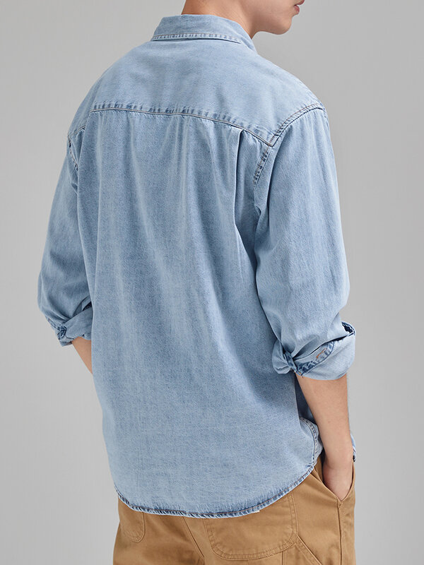 Новинка осени 2023, джинсовая рубашка, Мужская классическая Повседневная рубашка с карманами на груди из мягкого хлопка, ковбойская свободная синяя джинсовая рубашка с длинным рукавом