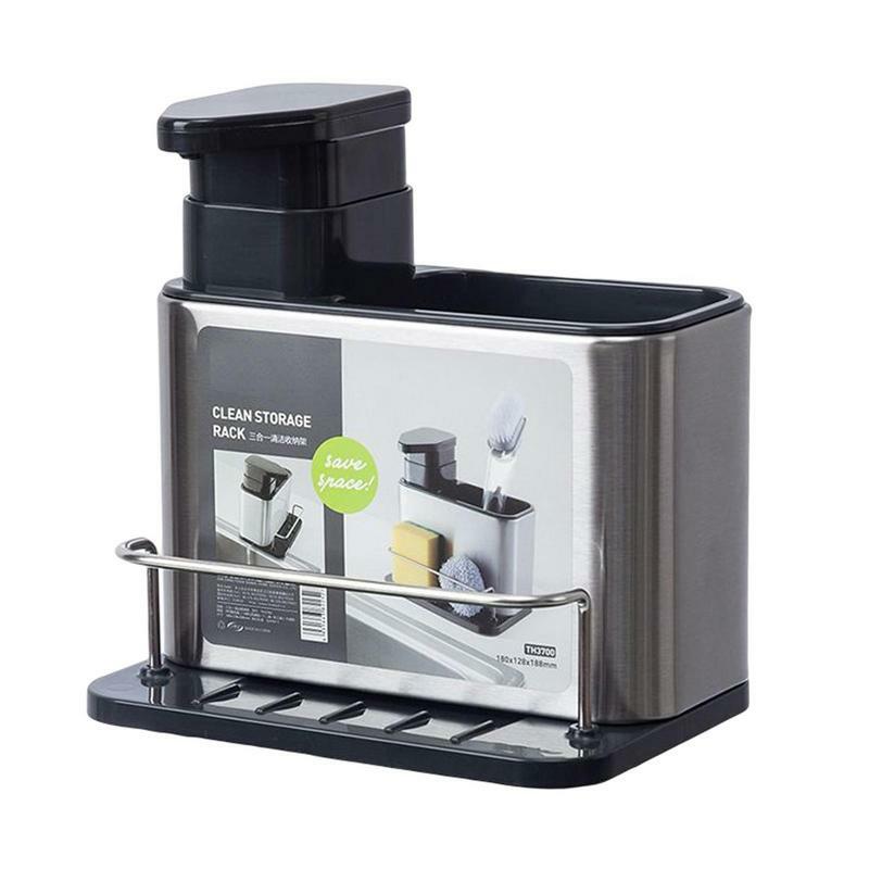 Dispenser sabun baja tahan karat dengan dudukan spons, Organizer bak cuci piring multifungsi untuk sikat spons deterjen piring