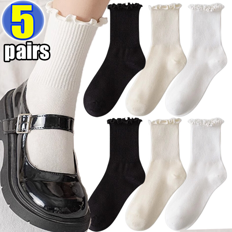 5 Paar Rüschen Socken Frauen weiß schwarz Rüschen Lolita Stil japanische Jungfrau Kawaii Baumwolle Harajuku Prinzessin Crew Socken Calcetines