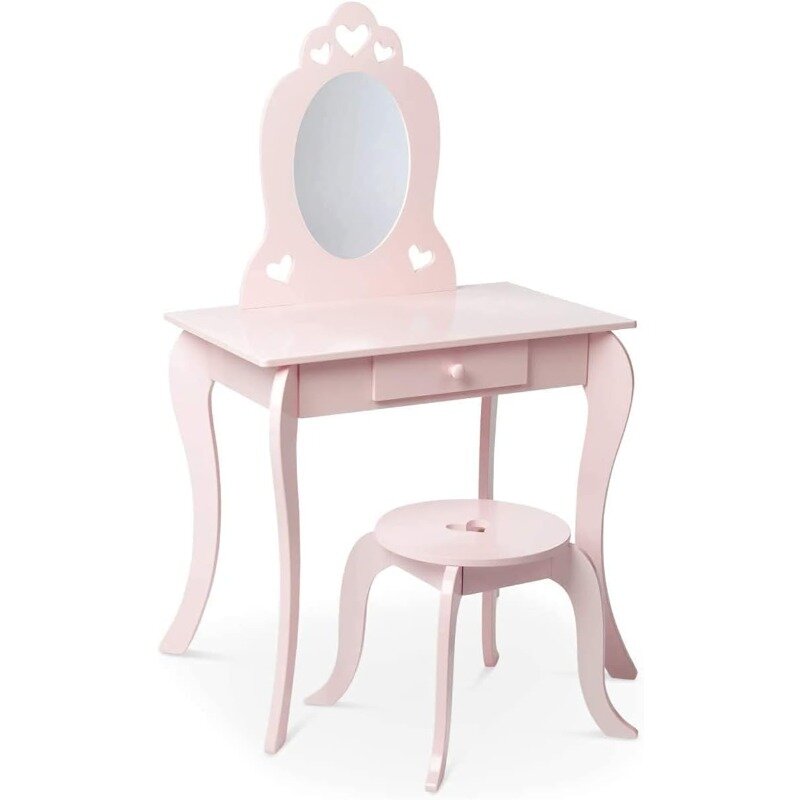 Set meja rias anak-anak dengan cermin dan bangku, Set meja rias dan kursi kecantikan untuk balita dan anak-anak, merah muda