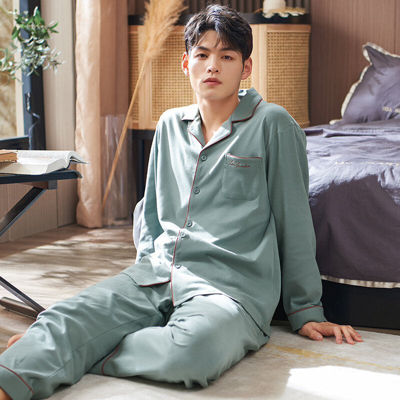 Simple Style Men Clothing Man Pyjamas Set Full Pure Cotton Long-sleeved Sleepwear Turn Colar Cardigan Male Letter Homewear