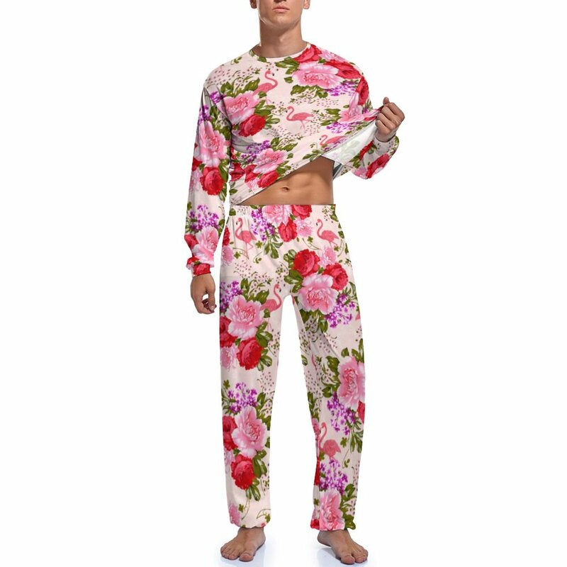 Tropical barroco floral pijamas de manga longa rosa do vintage rosas 2 peças conjuntos de pijama sala primavera dos homens impresso moda casa terno