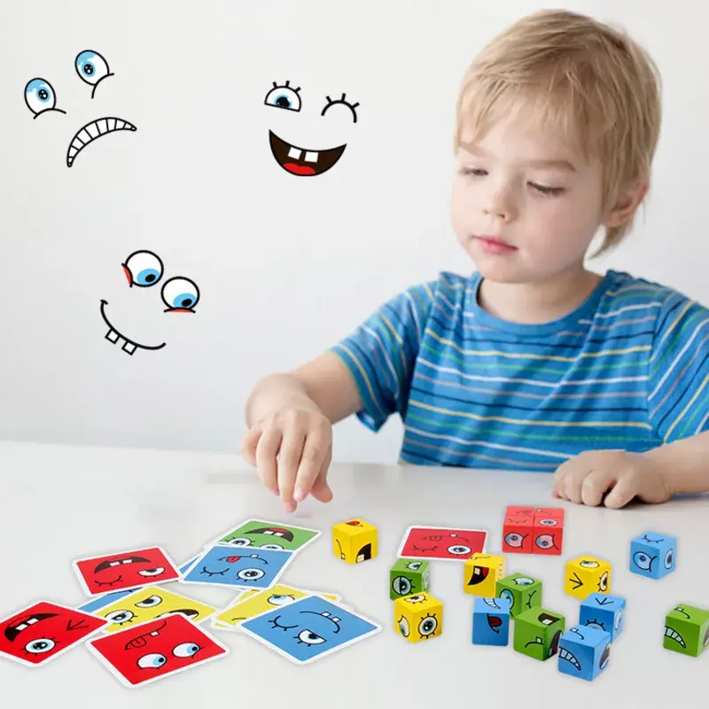 Cubo Face Change Building Blocks gioco da tavolo Puzzle in legno espressione Montessori blocchi di legno Blocos per bambini giocattoli per bambini regalo