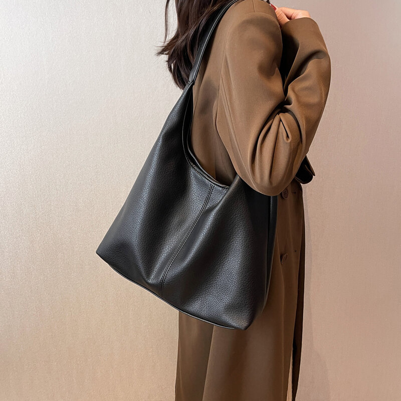 All-Match Women Shoulder Bag Solid Soft Leather Bucket Bag Large Capacity Tote Top-Handle Bags For Daily Dating Work Shoppers